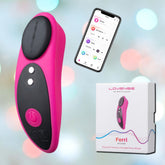 A Lovense Ferri Panty Clitoral Vibrator in pink and black is presented next to its stylish packaging. Above, a smartphone displays the interface of the Lovense app. The box, adorned with geometric lines and branding, emphasizes the discreet power of this innovative product.